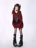 crazygirl [pure love loop 2.0] black and red New Year subculture original V-neck cut-and-sew loose sweater winter