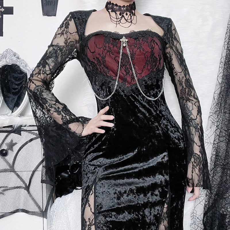 Historical Gothic Lace Stitched Cross Dress Dark Style Sexy Slim Hip Slit Long Dress