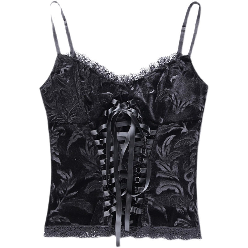 Gothic Dark Black Lace Camisole Corset V-neck Top