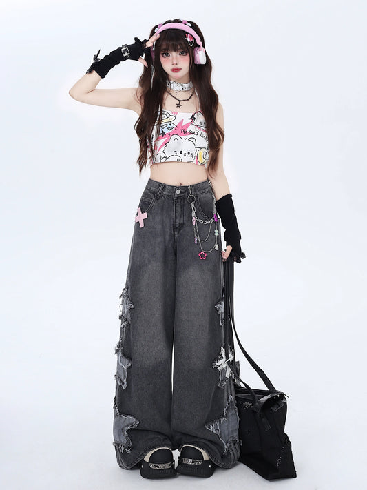 Crazygirl Punk Kawaii Distressed Star Patch Loose Straight Jeans Wide-Leg Mop Pants