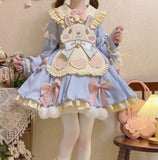 Full Spot Lolita Dress - Pink Rabbit Embroidered Short Sleeve