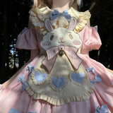 Full Spot Lolita Dress - Pink Rabbit Embroidered Short Sleeve