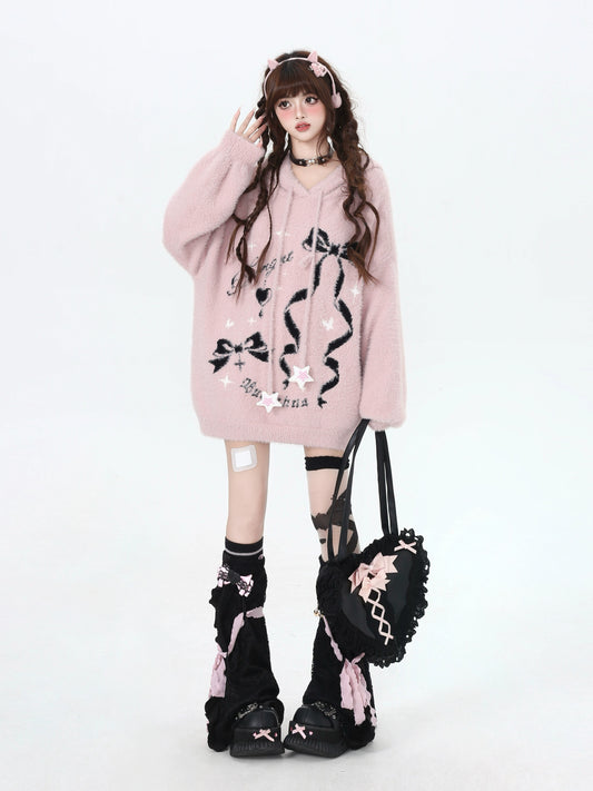 crazygirl's original sweet girl, soft and glutinous bow, lazy style, casual and versatile, hooded sweater, top, autumn and winter women