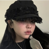 Original Girl Millennium Y2K Double Lace Cross Dark Design Sense Beret Versatile Show Face Small