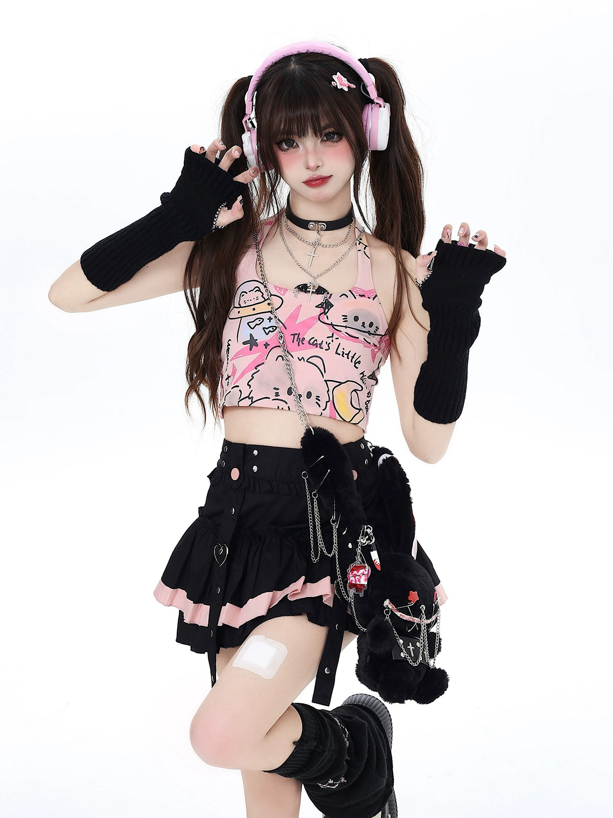 Crazygirl Kawaii Punk Kitten Doodle Print Halter Neck Tank Top