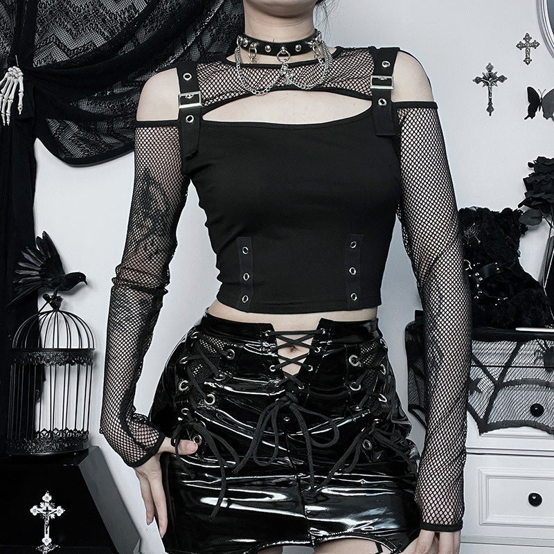 Punk Style Cutout Mesh Long Sleeve Corset Top