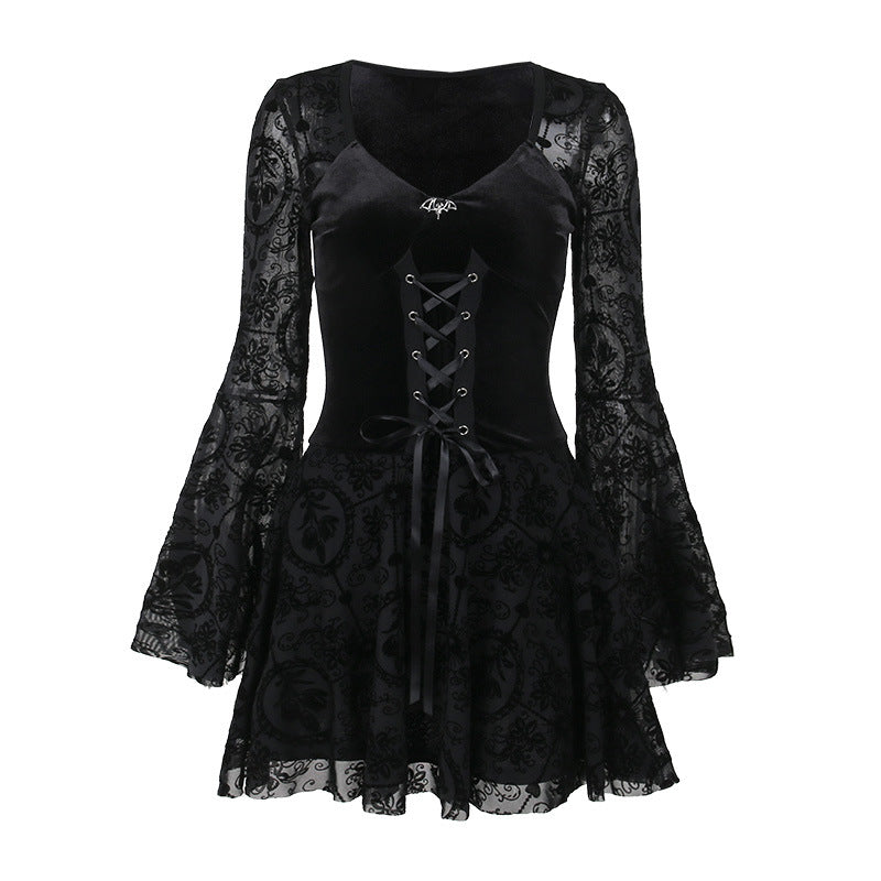 Elegant Slim Long Skirt Retro Goth Dark Flocked Long Sleeve Dress for Women