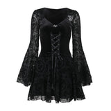 Elegant Slim Long Skirt Retro Goth Dark Flocked Long Sleeve Dress for Women