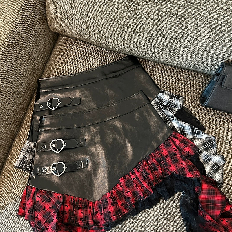 Punk Plaid Ruffle Leather Skirt