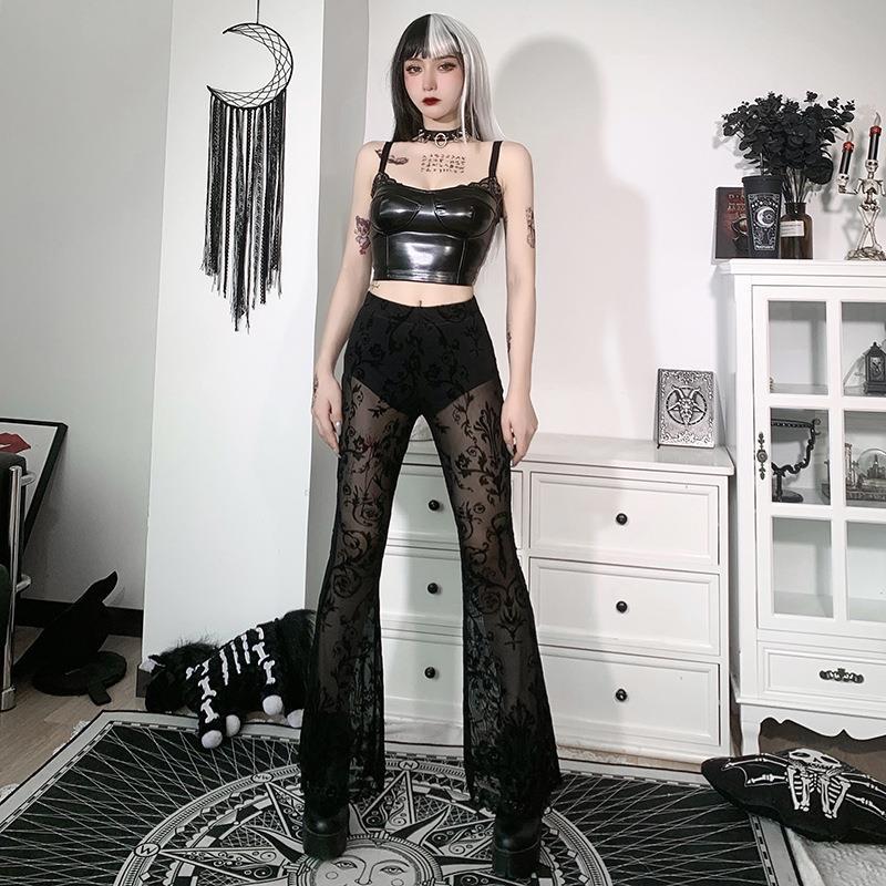 Goth Gothic See-Through Floral Pants Long-Legged Pants