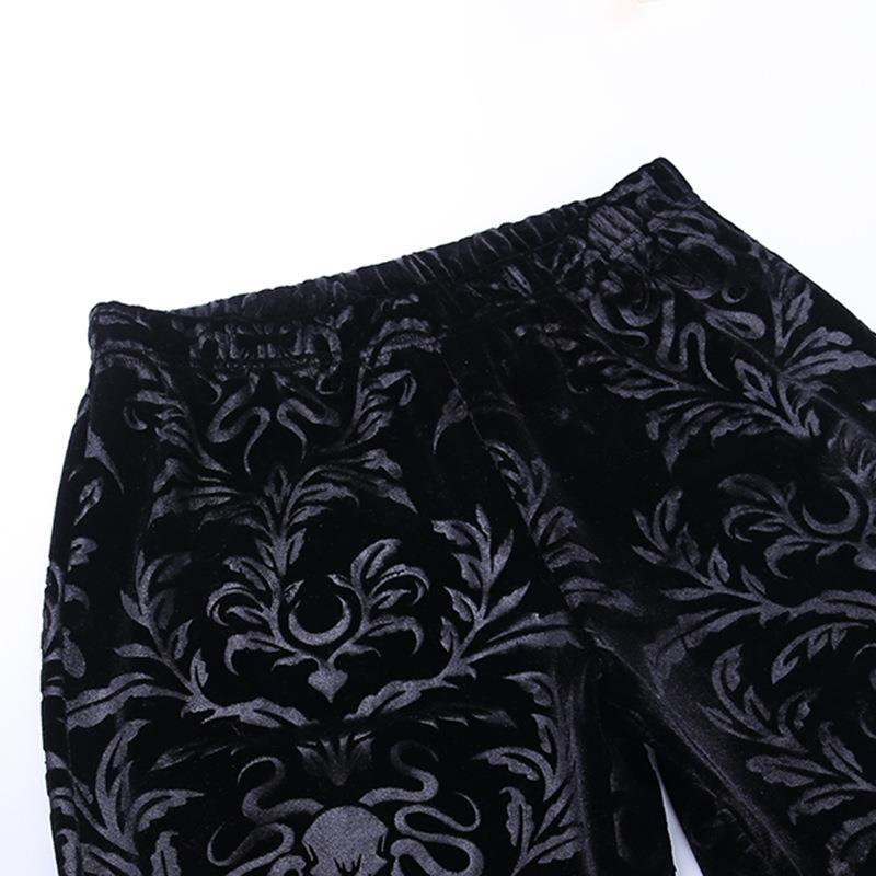 Goth Black Floral Pants Suede Embossed Casual