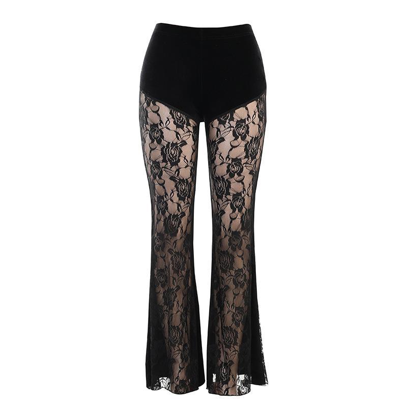 Goth Dark Lace See-Through Casual Pants Slim Straight