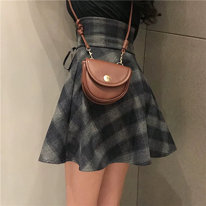 Black Plaid High Waist Swing Skirt