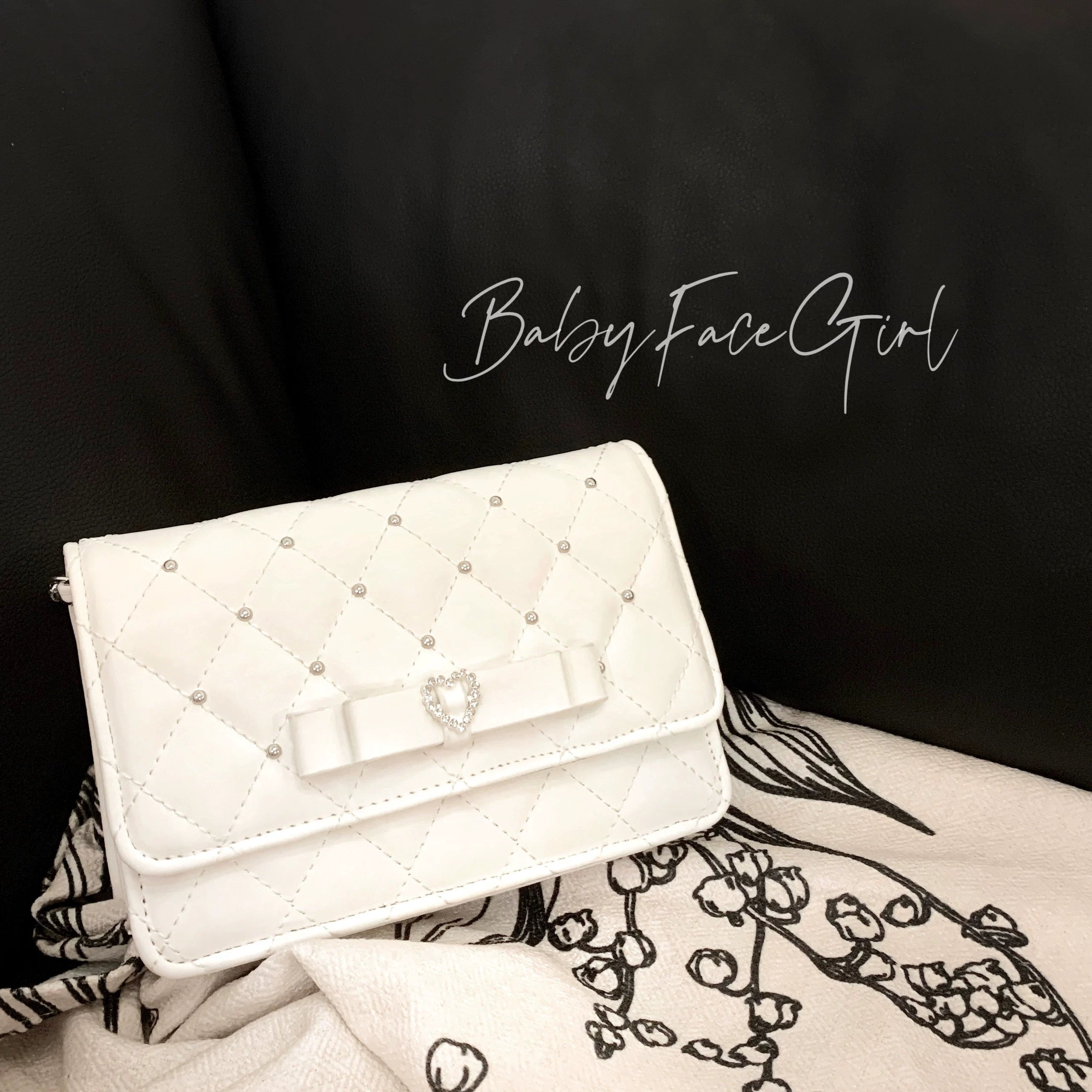 BabyFaceGirl Kawaii Lolita Love Heartbeat Crossbody Shoulder Bag Elegant Rhinestone Bow Quilted Chain Bag