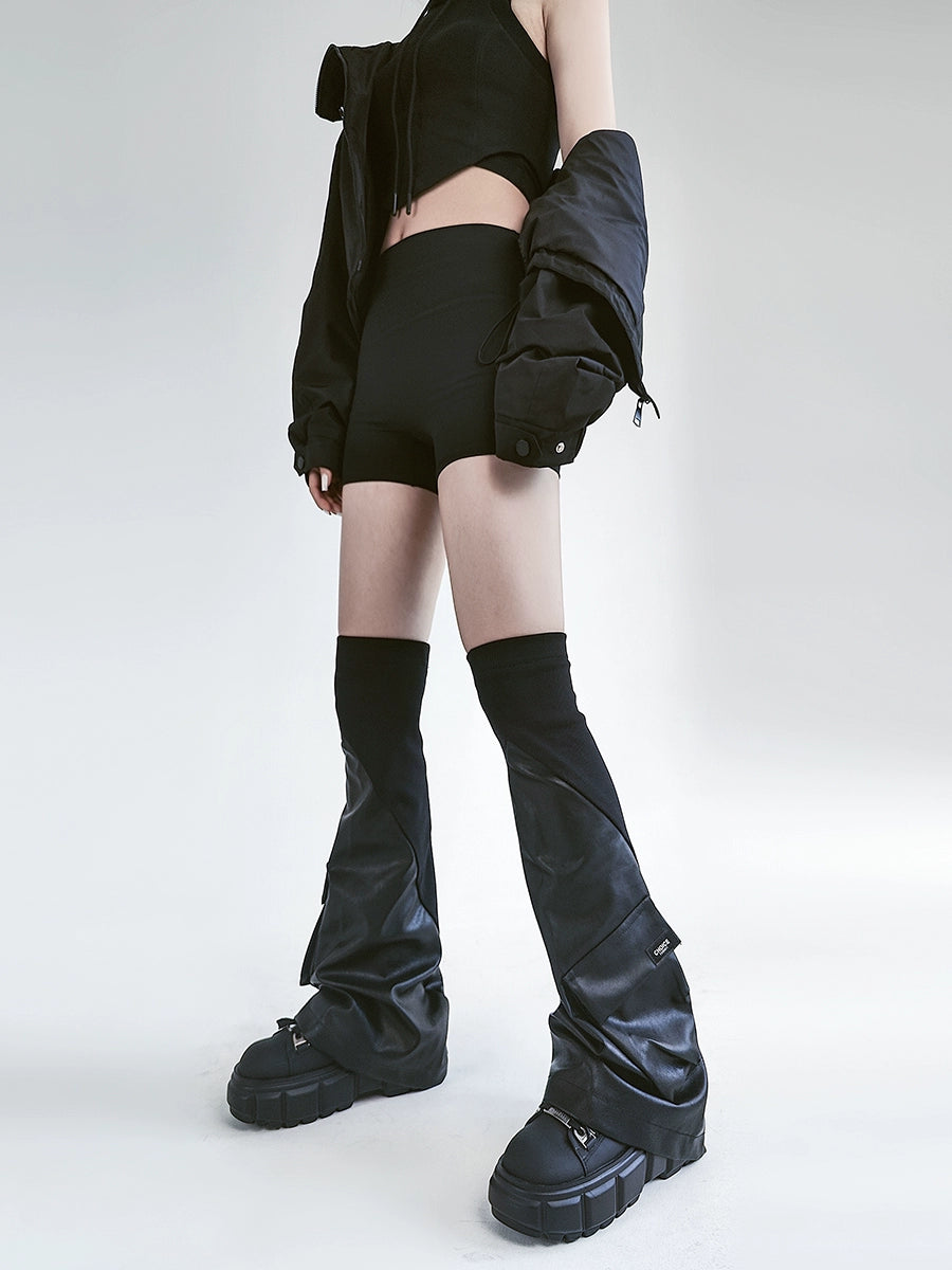 Solost, dark function, wind leg cover, RO threaded leather panel, three-dimensional pocket, niche over-the-knee flared sock cover
