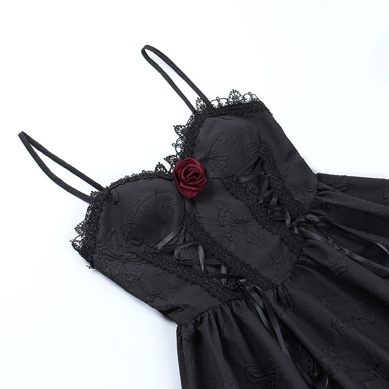 Goth Rose Dark Style Jacquard Backless Slip Dress