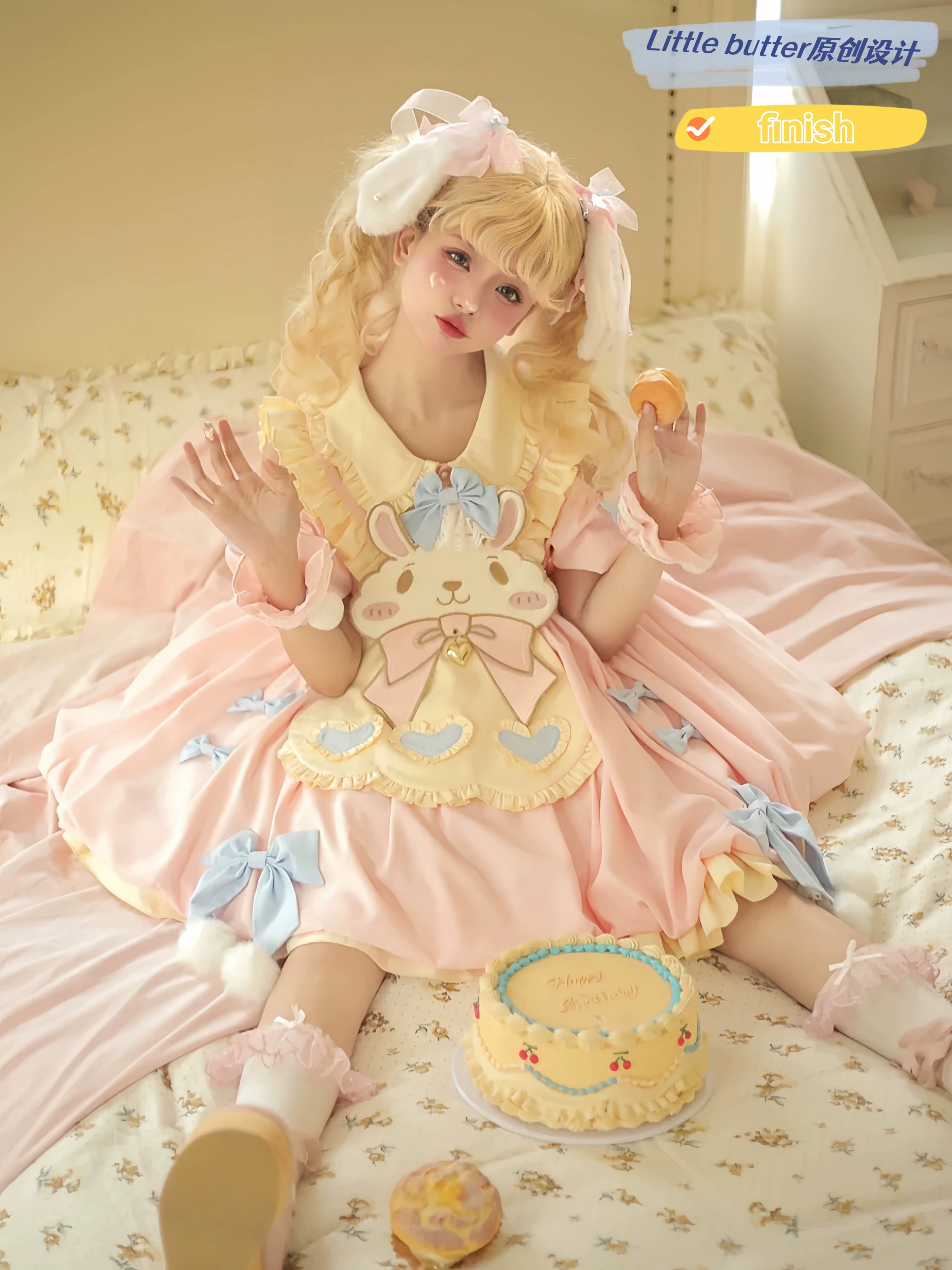 Full Spot Lolita Dress - Pink Rabbit Embroidered Short Sleeve