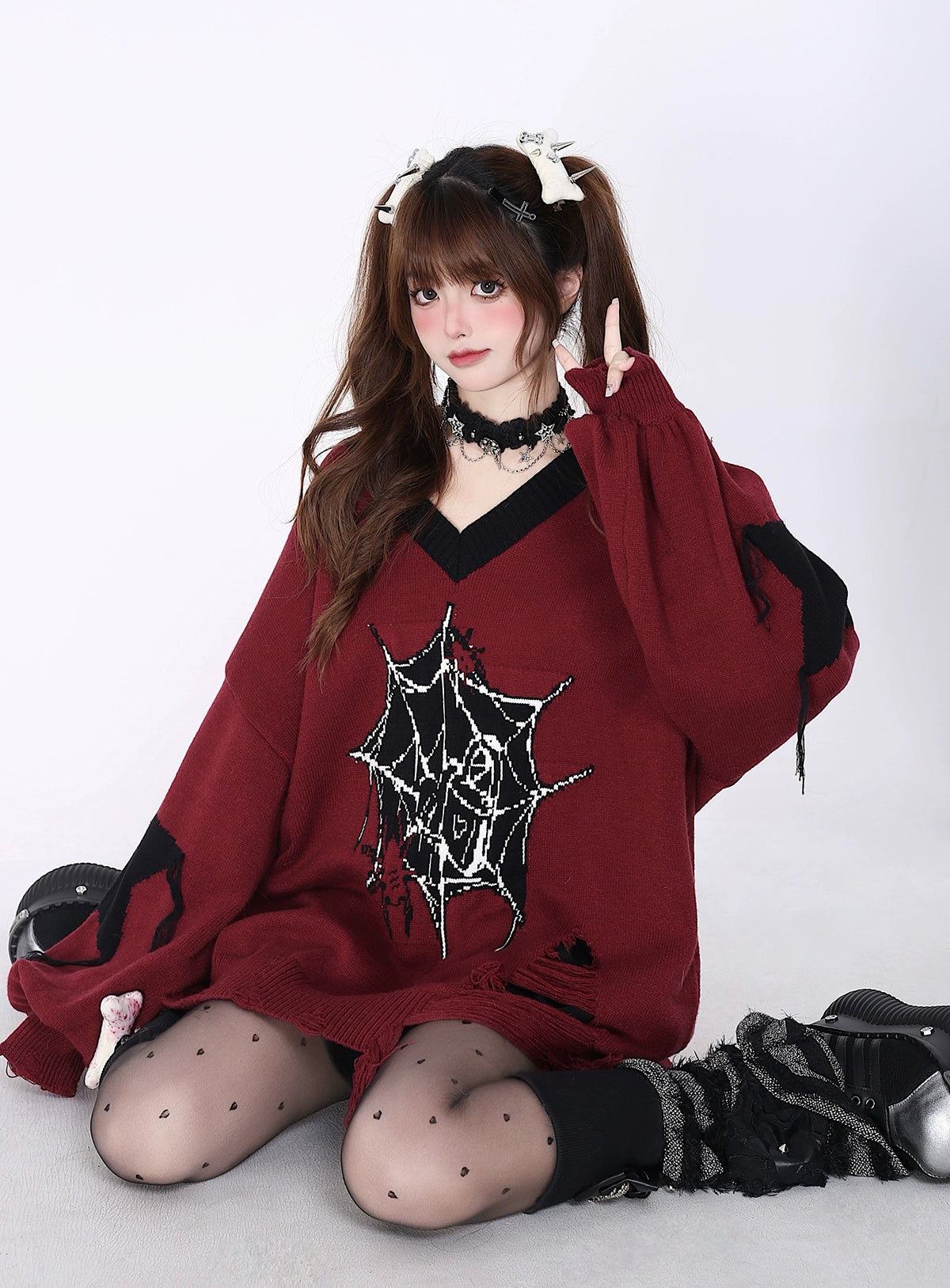 crazygirl [pure love loop 2.0] black and red New Year subculture original V-neck cut-and-sew loose sweater winter