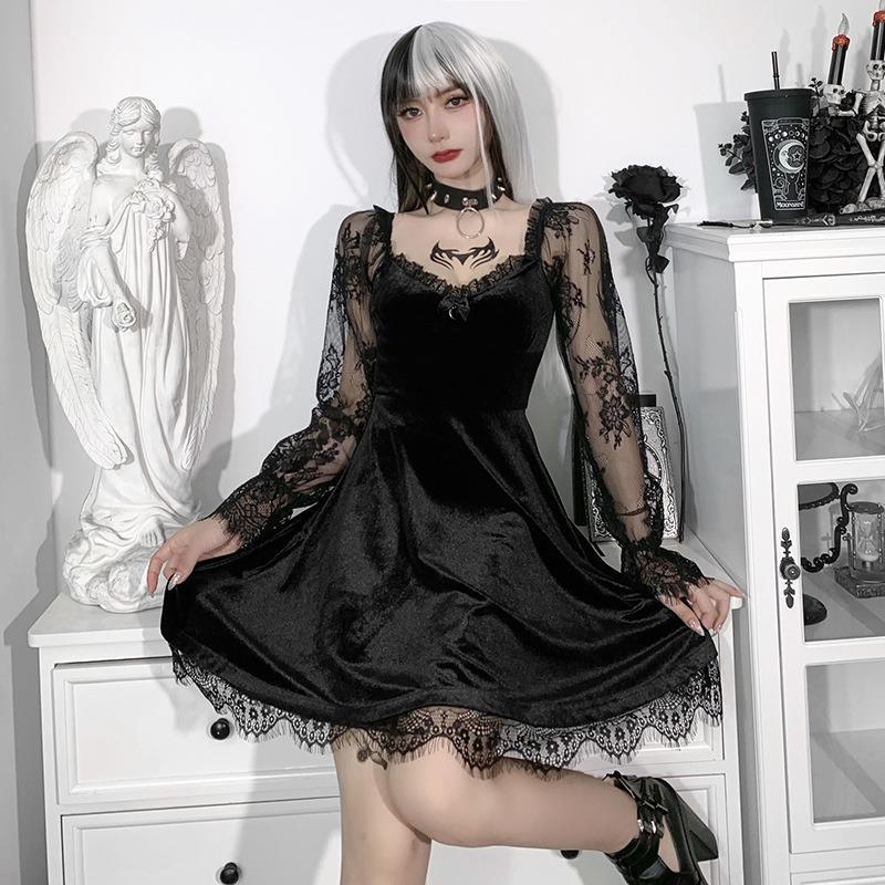 Goth Lace Dress Chest-Baring, Ruffled Long Sleeve Slim Waist