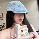 Y2K millennial feng shui rhinestone denim forward hat female korean designer big head circumference beret cap tide