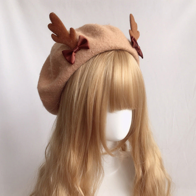 Japanese Soft Girl Antler Beret, Cute Deer Biscuit Design