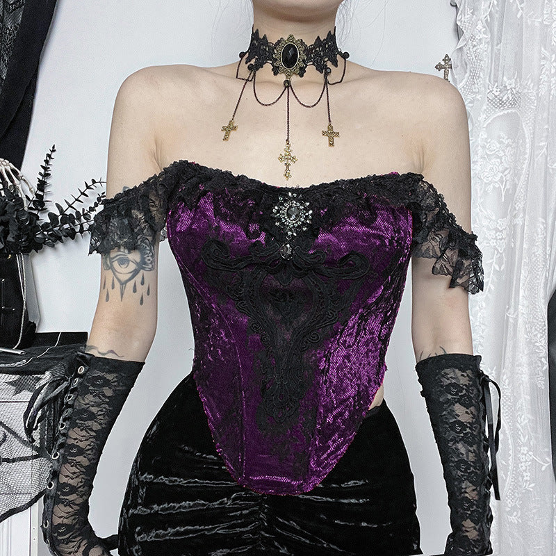 Goth Victorian Historical Lace Top Women's Corset Splicing Suspender