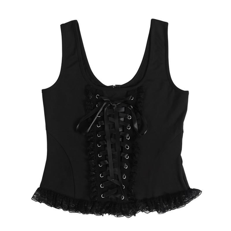 Goth Strappy Black Vest Square Neck Knitted Lace Sleeveless Camisole Top