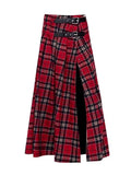 Christmas Babes High Slit Apron 'bì into Vintage Red Plaid Skirt High Waist Slit A-line Midi Skirt Female