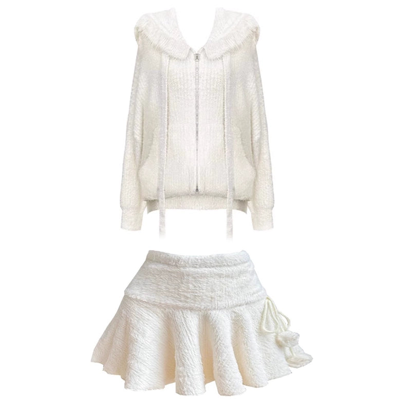 Knitted Ruffle Skirt & Hoodie Set