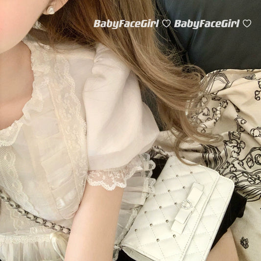 BabyFaceGirl Kawaii Lolita Love Heartbeat Crossbody Shoulder Bag Elegant Rhinestone Bow Quilted Chain Bag