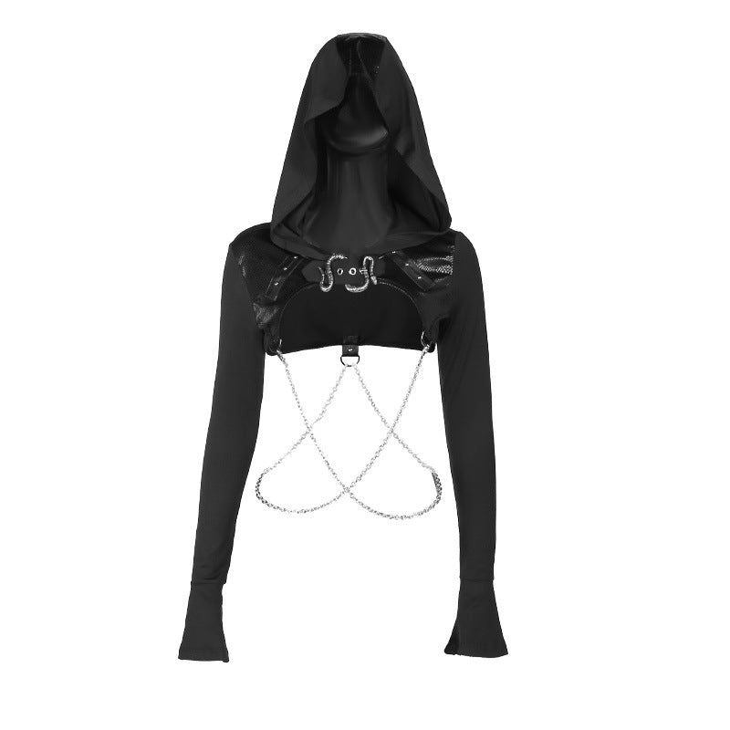 Punk Slim Chain Bronzing Fabric Patchwork Hooded Long-Sleeved Smock Cloak