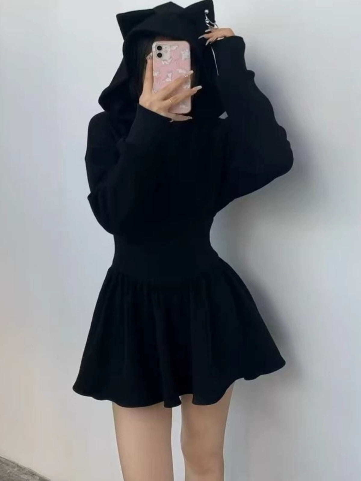 Spot dark wind sweet cool slim waist sweat dress sweet cool little devil cat ears autumn and winter velvet long sleeve dress