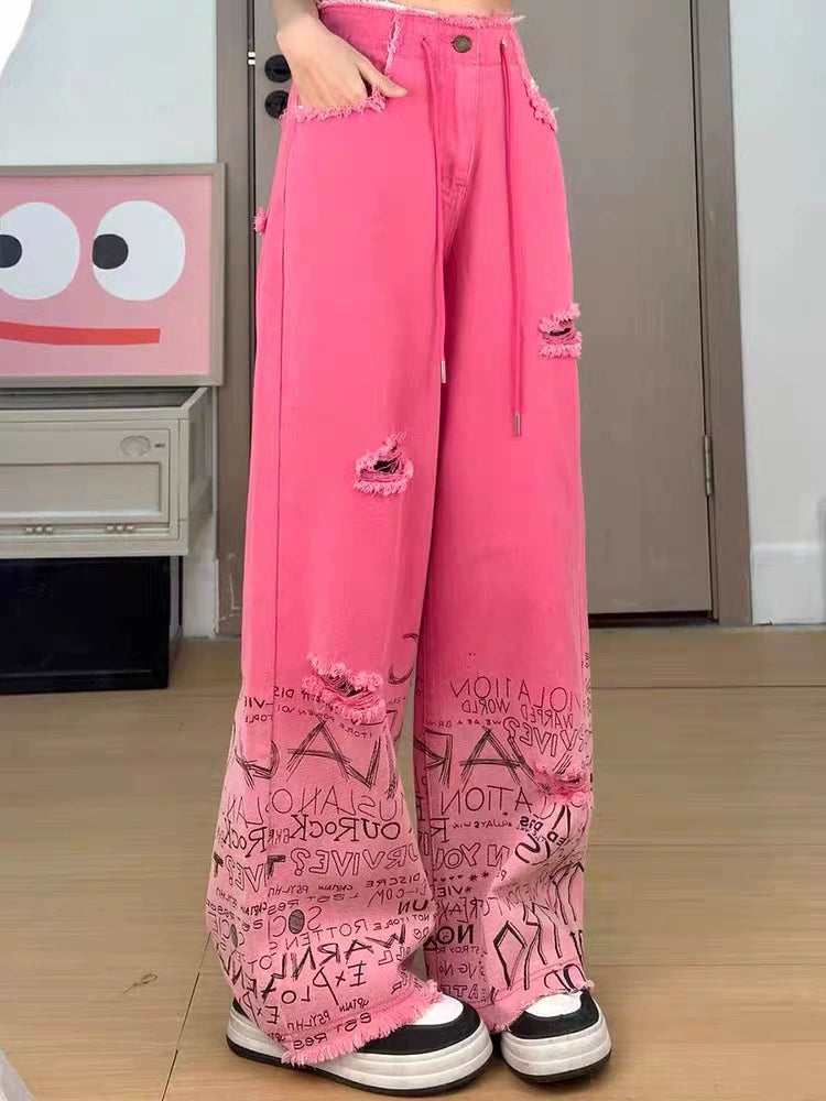 Pink Graffiti Wide-Leg Ripped Jeans