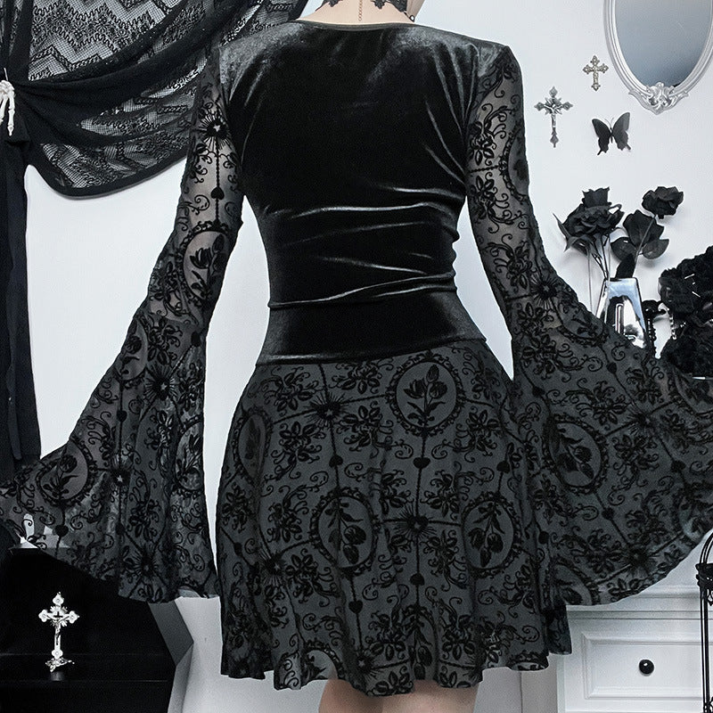 Elegant Slim Long Skirt Retro Goth Dark Flocked Long Sleeve Dress for Women