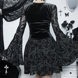 Elegant Slim Long Skirt Retro Goth Dark Flocked Long Sleeve Dress for Women