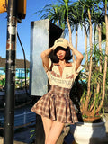 Spot American College Style High Waist A-Line Pleated Skirt bella Girly Check Strappy Design Short Skirt A-Line Skirt Women