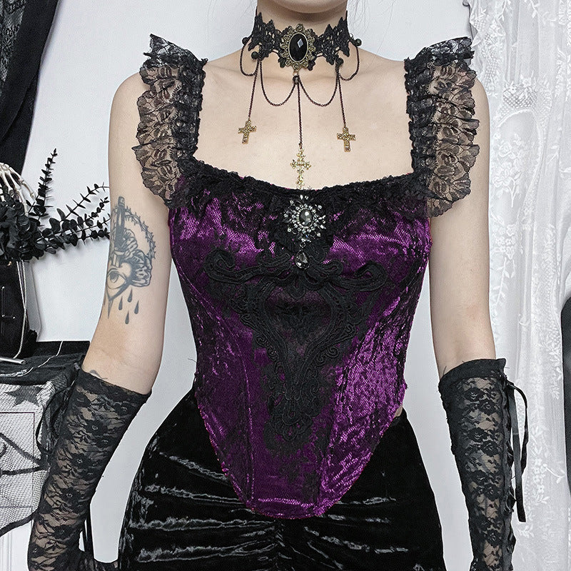 Goth Victorian Historical Lace Top Women's Corset Splicing Suspender