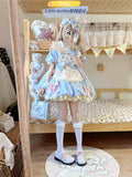 Full Spot Lolita Dress - Pink Rabbit Embroidered Short Sleeve