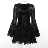 Elegant Slim Long Skirt Retro Goth Dark Flocked Long Sleeve Dress for Women