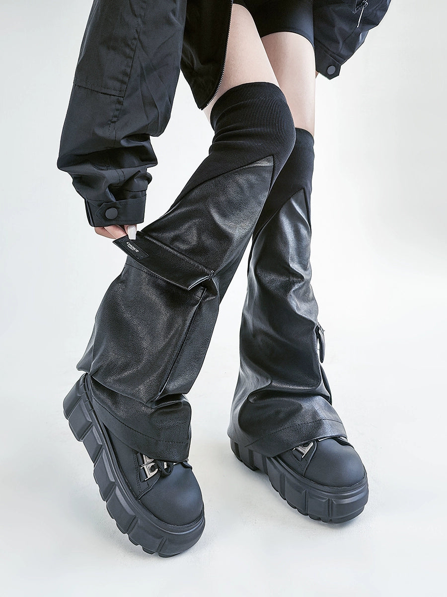 Solost, dark function, wind leg cover, RO threaded leather panel, three-dimensional pocket, niche over-the-knee flared sock cover