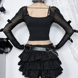 Dark Goth Long Mesh Sleeve Top With Truncated Bow