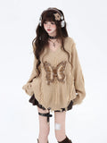 crazygirl Korean Maillard tassel butterfly patch V-neck loose knit sweater top autumn and winter underwear