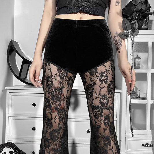 Goth Dark Lace See-Through Casual Pants Slim Straight