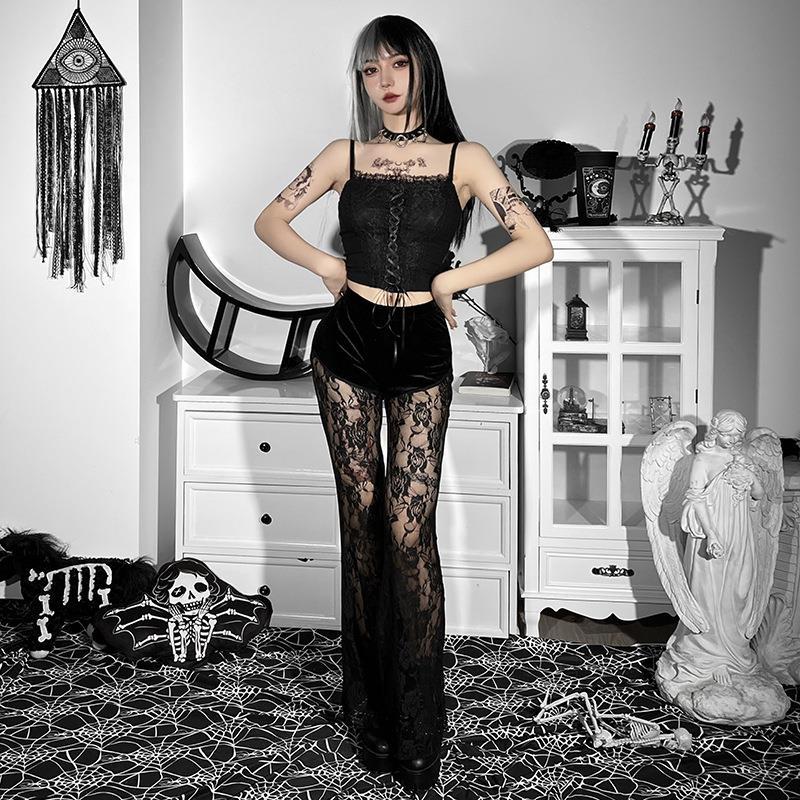 Goth Dark Lace See-Through Casual Pants Slim Straight