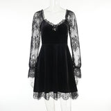 Goth Lace Dress Chest-Baring, Ruffled Long Sleeve Slim Waist