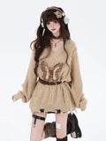 crazygirl Korean Maillard tassel butterfly patch V-neck loose knit sweater top autumn and winter underwear