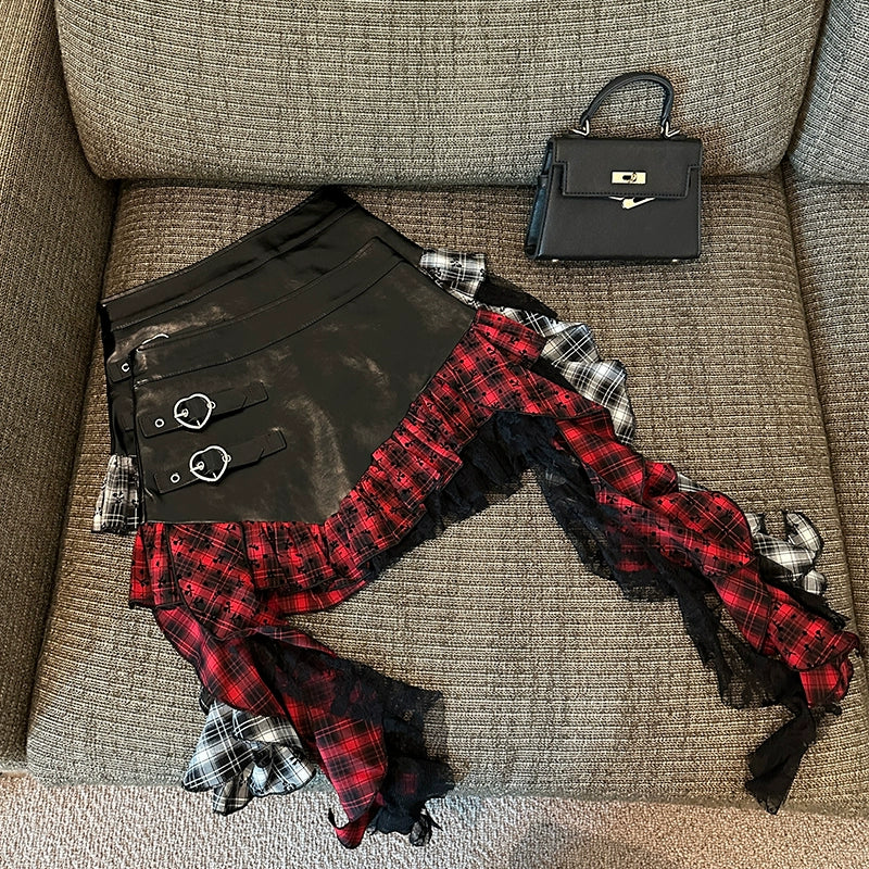 Punk Plaid Ruffle Leather Skirt