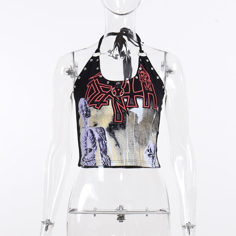 Slim Punk Top Dark Style Gothic Print Halter