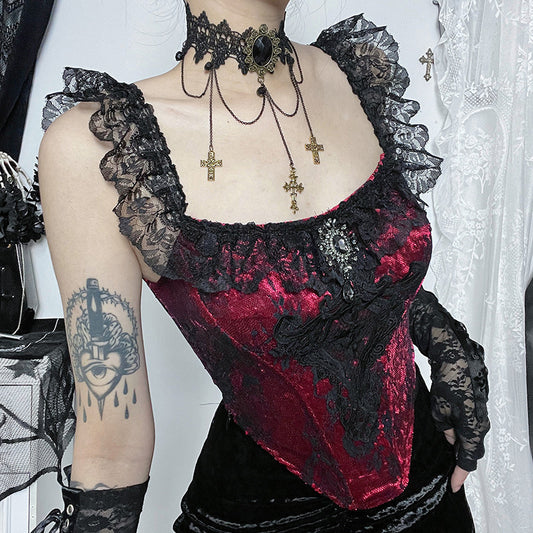 Goth Victorian Historical Lace Top Women's Corset Splicing Suspender