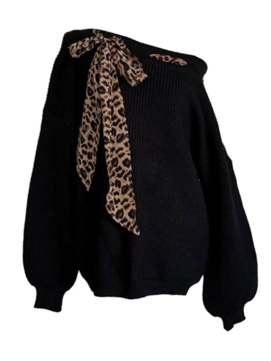 American design, niche leopard print stitching, tie-up off-the-shoulder sweater, women's sweet and spicy, loose and lazy knit top